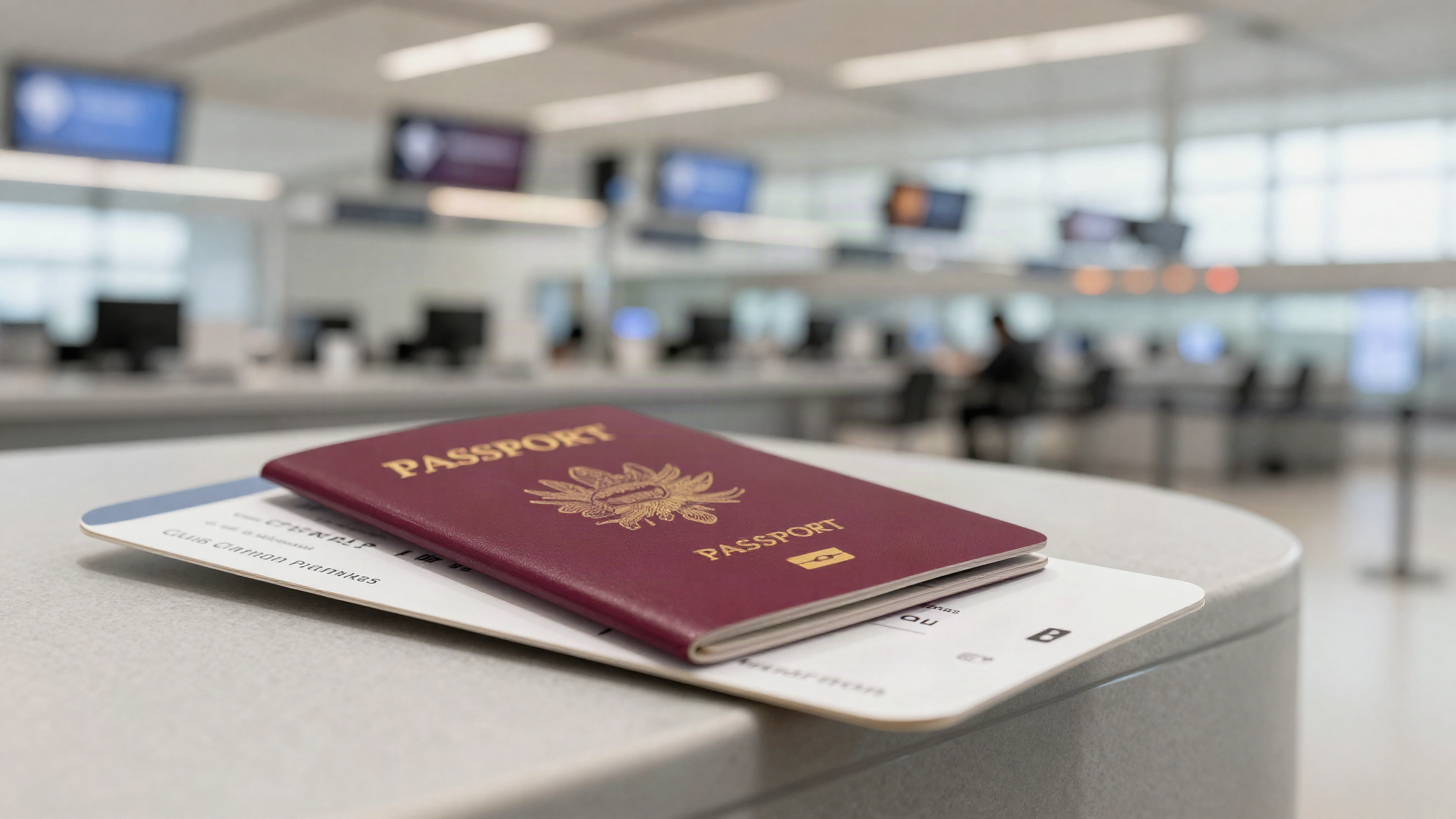 Passport and boarding pass on an airport check-in counter, illustrating the Canada eTA UK travellers need