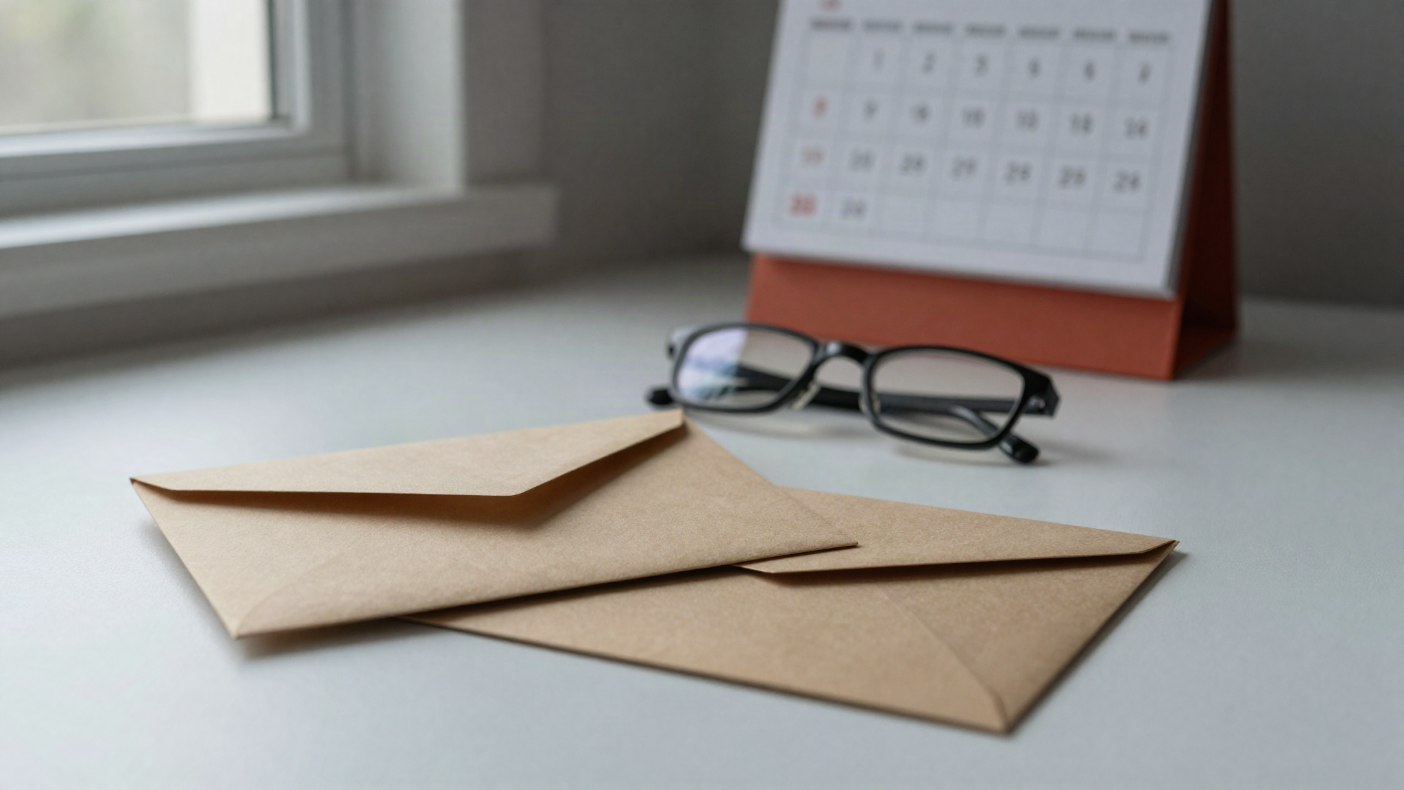 Envelope, card sleeve, glasses and a calendar on a desk, illustrating a Canada PR card renewal