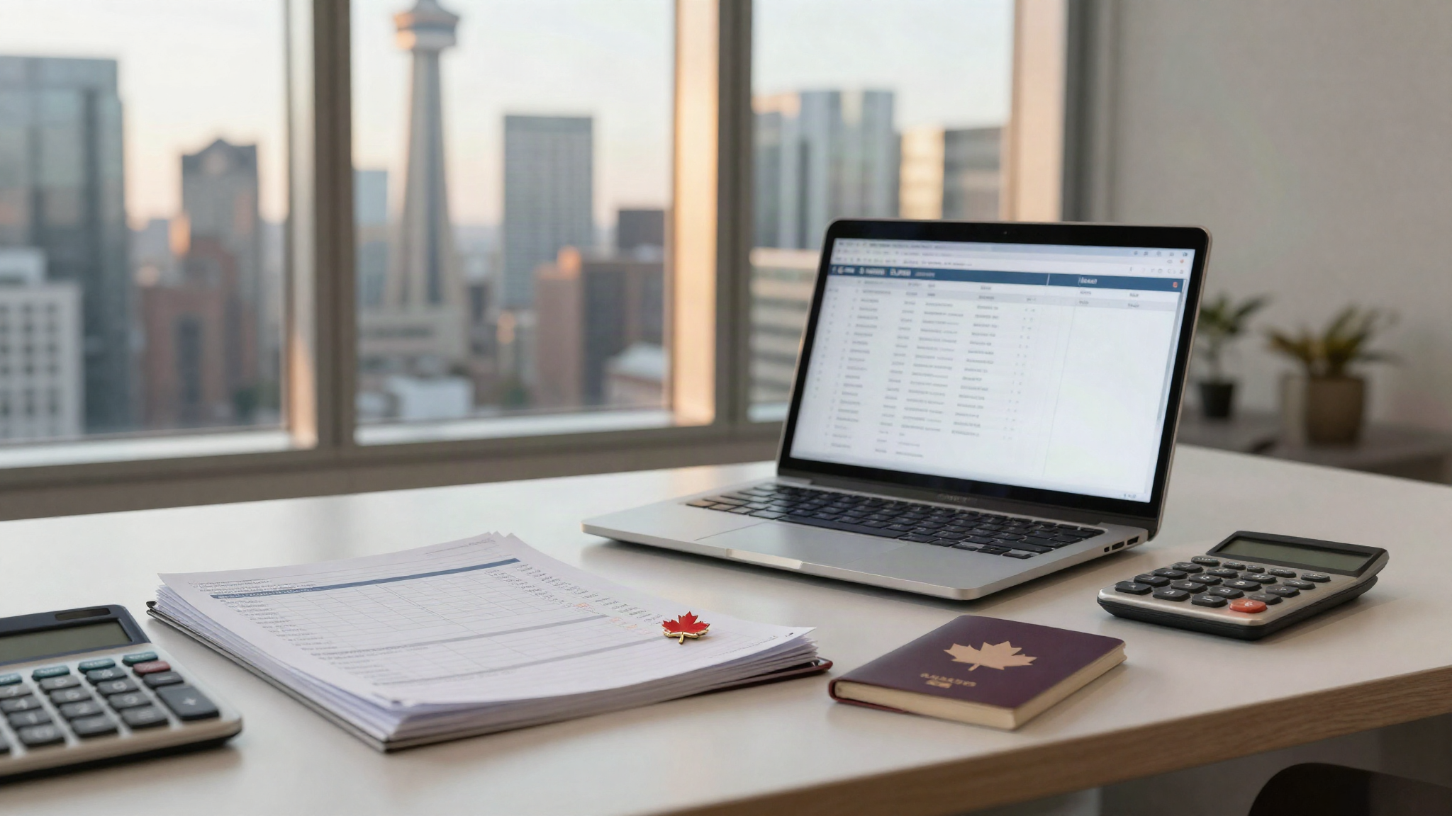 Accountant's desk with ledgers, laptop and passport overlooking a Canadian city skyline, representing the chartered professional accountant Canada pathway for UK accountants
