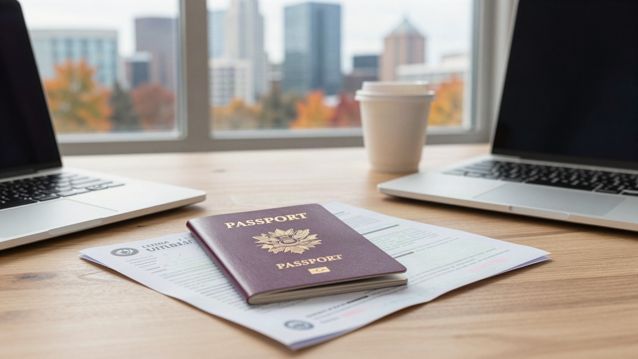 Open work permit Canada 2026 - British passport and permit documents on a desk overlooking a Canadian city skyline
